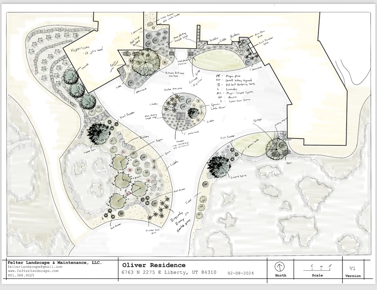 A hand-drawn Felter Landscape design plan for a Weber County residence