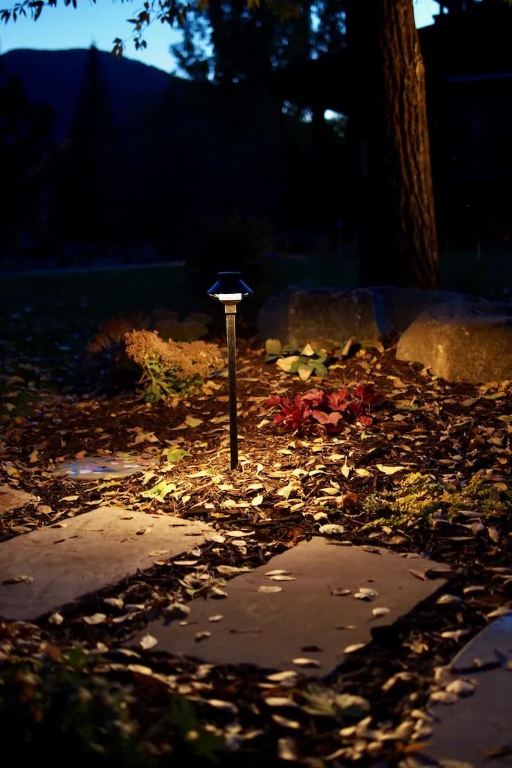 Path lighting on a Felter Landscape walkway at dusk in Northern Utah